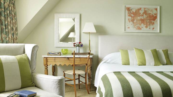 Bedroom With Green White Stripe Design